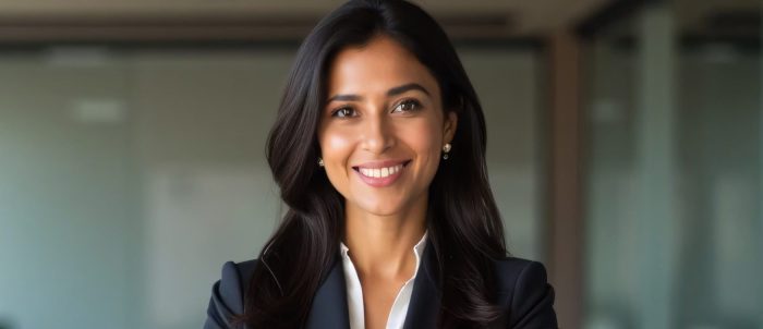 Posing in her office with her hands folded and a toothy smile on her face, this young Indian businesswoman exudes positivity and beauty. Headshot image of a contented female worker, professional, and